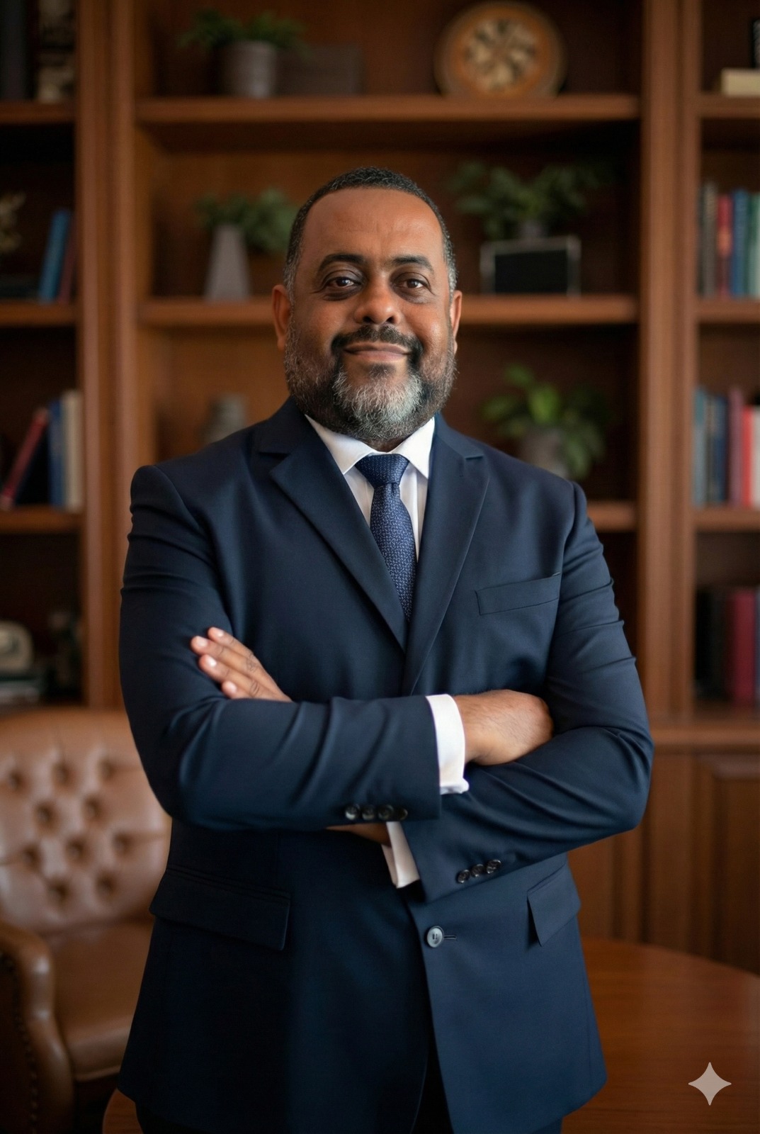 Retrato do Dr. Vagner Lúcio de Lima em traje social, de braços cruzados diante de uma estante